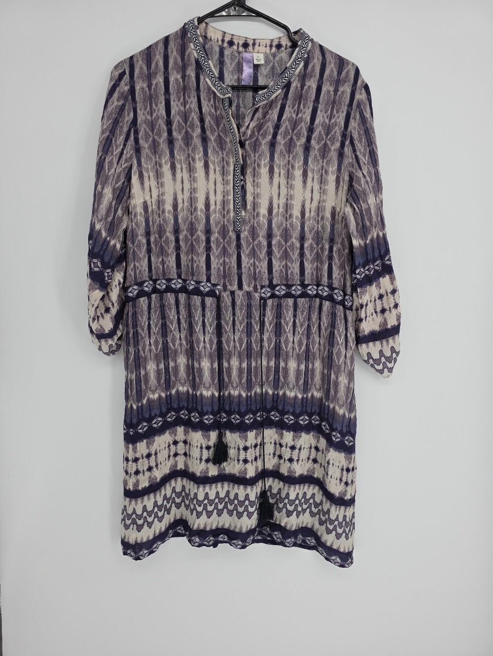 Alya Boho Shirt Dress Batik-like Pattern Tasseled Drawstring Waist Purple Large